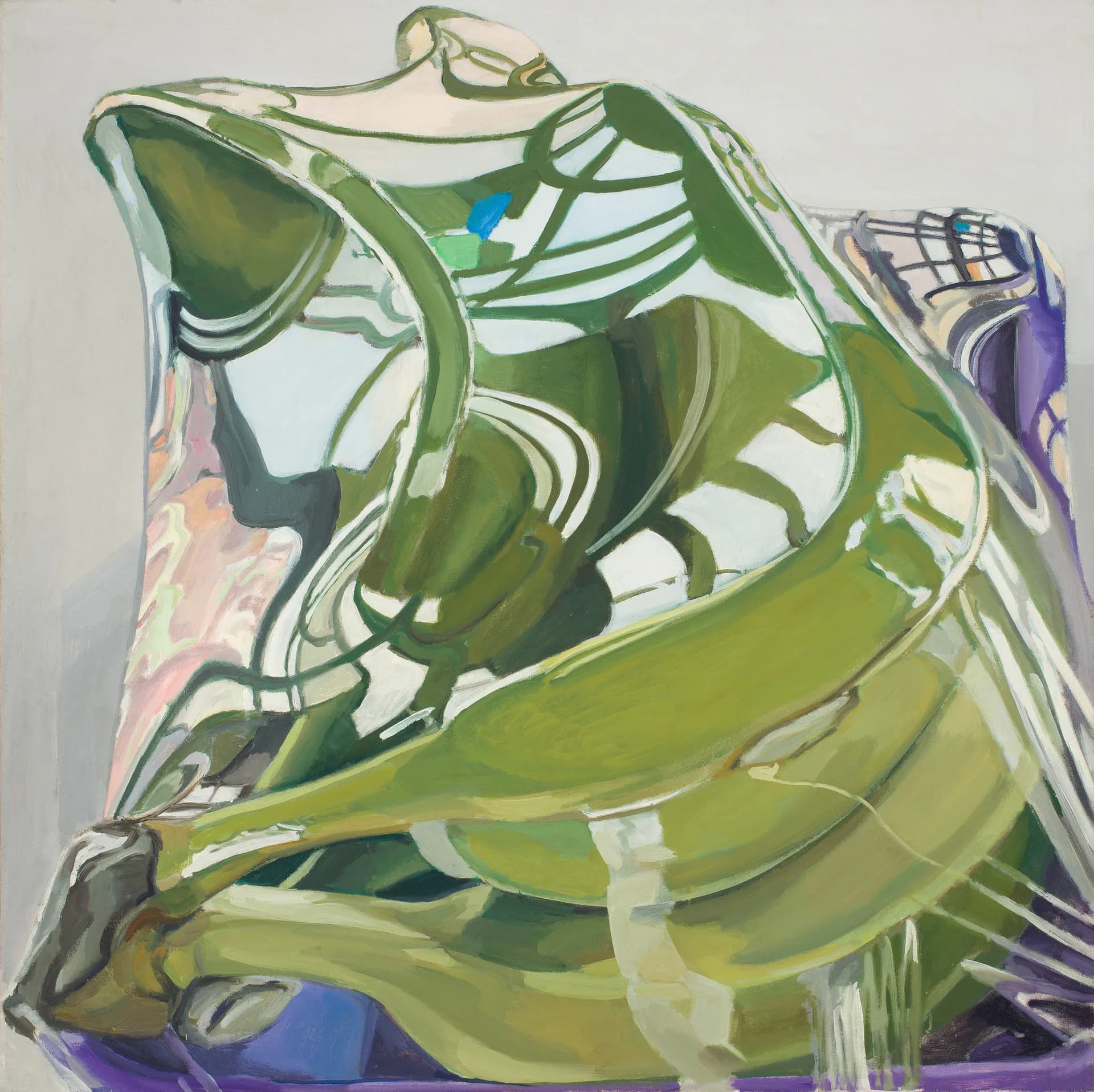 Abstract painting with overlapping translucent green, white, and purple forms suggesting organic or bodily shapes against cream background.