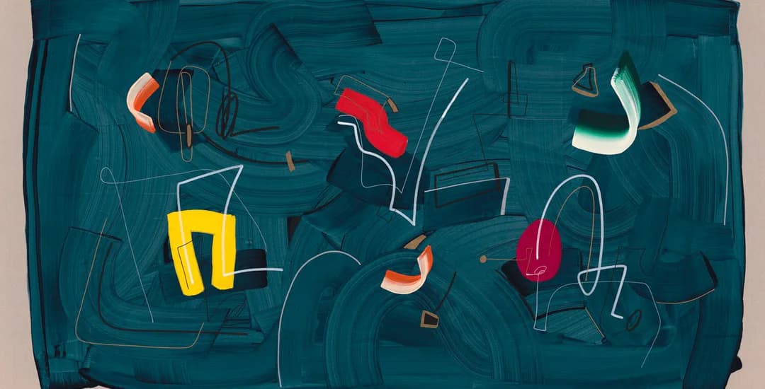 Colorful illustration of various headphones and audio devices arranged on a teal background with geometric line patterns.