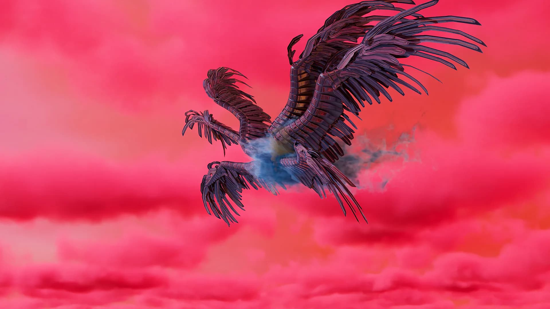 Digital artwork of a dark winged creature in flight against a vibrant pink and red cloudy sky.