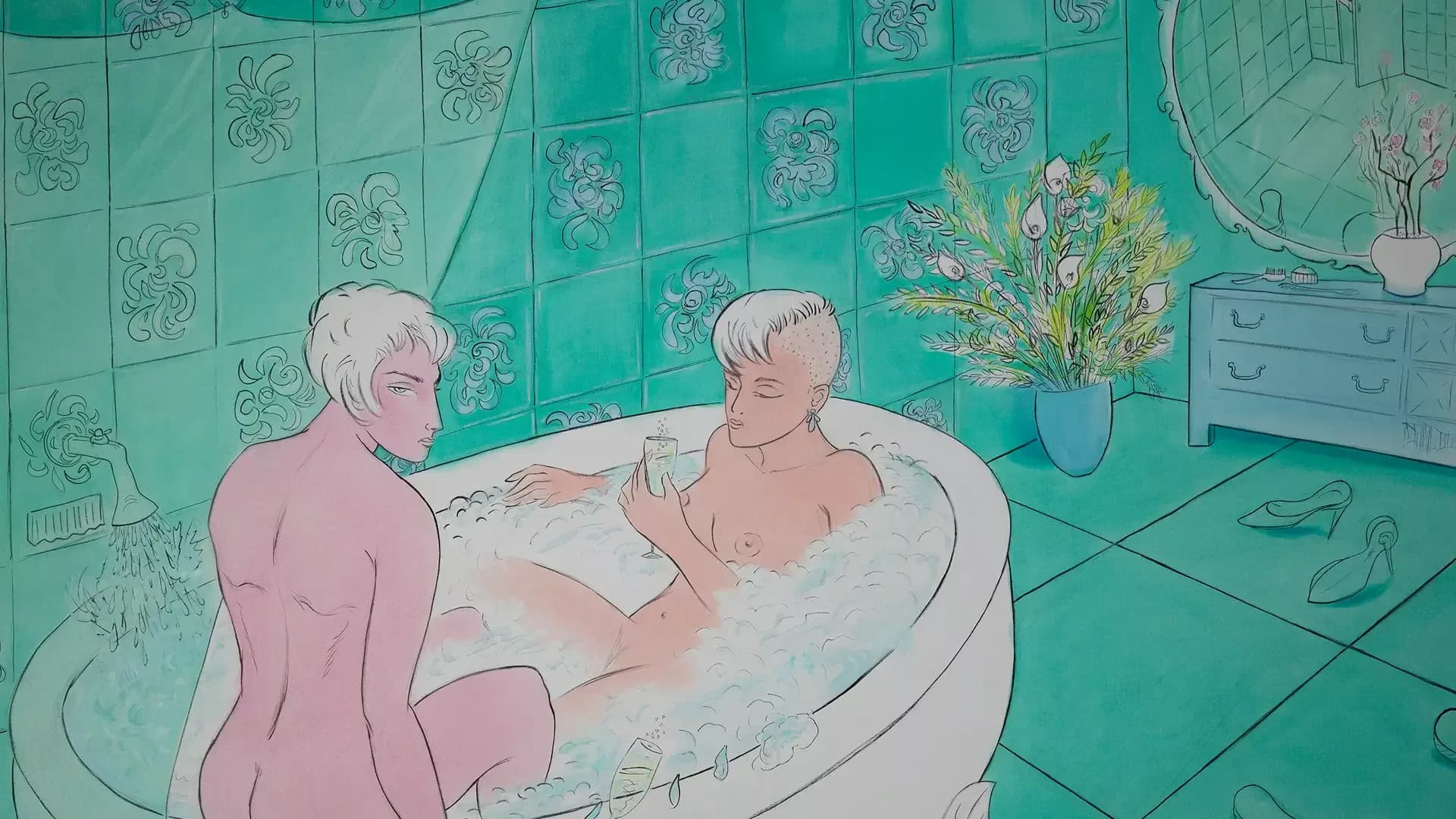 Illustration in soft pink and turquoise tones depicting two figures in an intimate domestic bathroom scene with decorative wall tiles and furnishings.