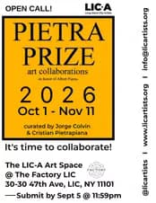 Yellow and purple flyer announcing the Pietra Prize art collaborations open call, dated Oct 1 to Nov 11, 2026, at the LIC-A Art Space
