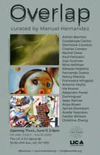 Colorful flyer for the exhibition Overlap curated by Manuel Hernandez, listing participating artists and event details for LIC Artists
