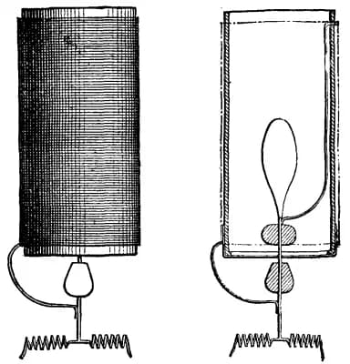 Two side-by-side technical drawings of rectangular chambers with coiled springs at base and suspended organic forms inside, rendered in black ink on white.