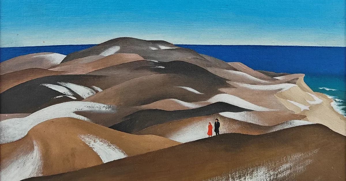 Stylized landscape painting with rolling sand dunes in tan and brown, white highlights, dark mountains, and blue ocean horizon with two small red figures.