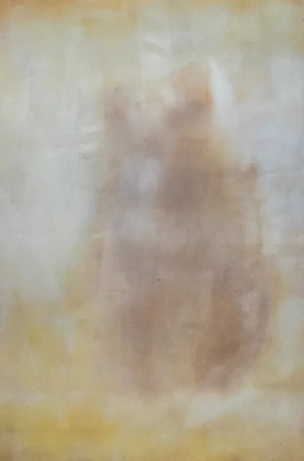 Abstract mixed-media composition with soft, blurred earth tones and cream colors creating an organic, atmospheric form.