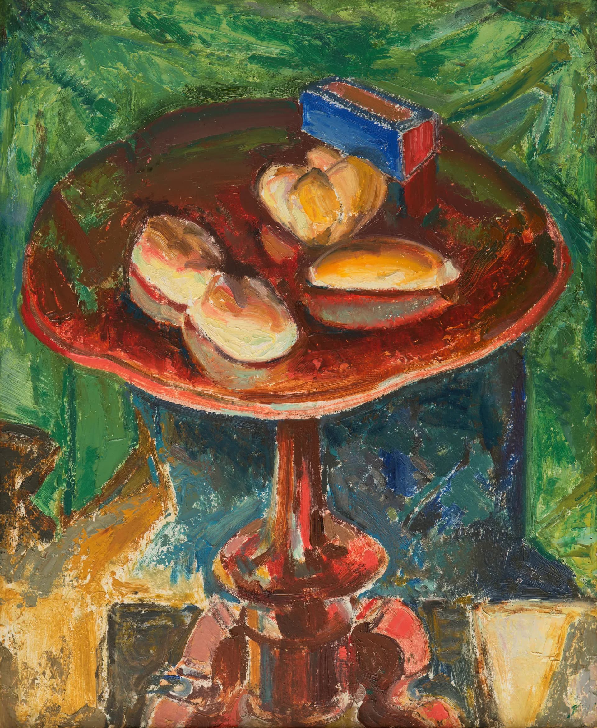Expressionist oil painting of bread and butter on a red plate atop a pedestal table, vibrant green background.