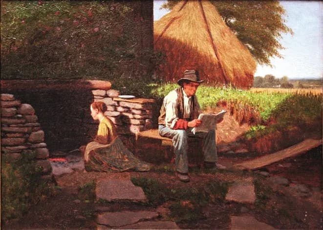 Figurative painting depicting a man and child in rural setting with log structure and hay roof, warm earth tones.