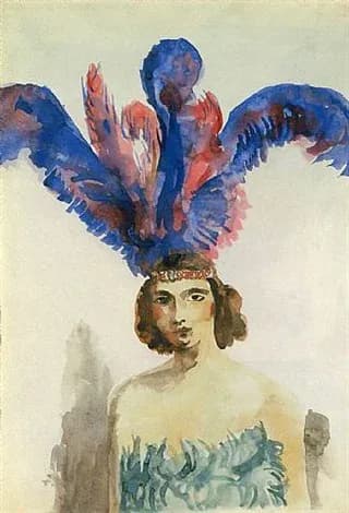 Watercolor portrait of woman wearing blue and red feathered headdress, pale neutral background.