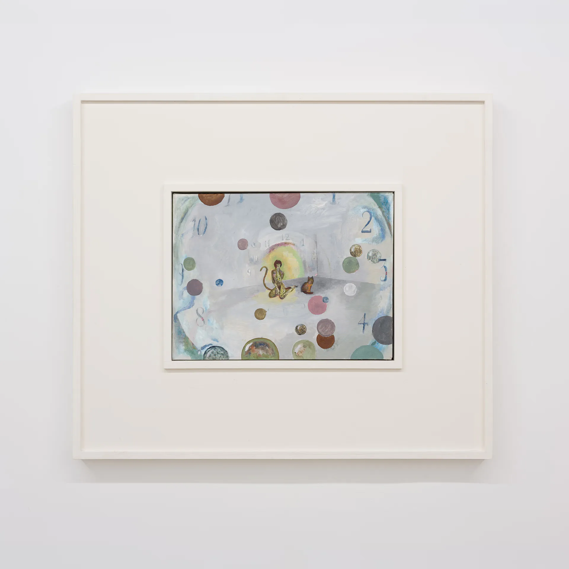 Framed mixed-media work on cream mat featuring a figure with long hair surrounded by colorful floating spheres in yellows, reds, and blues on light background.