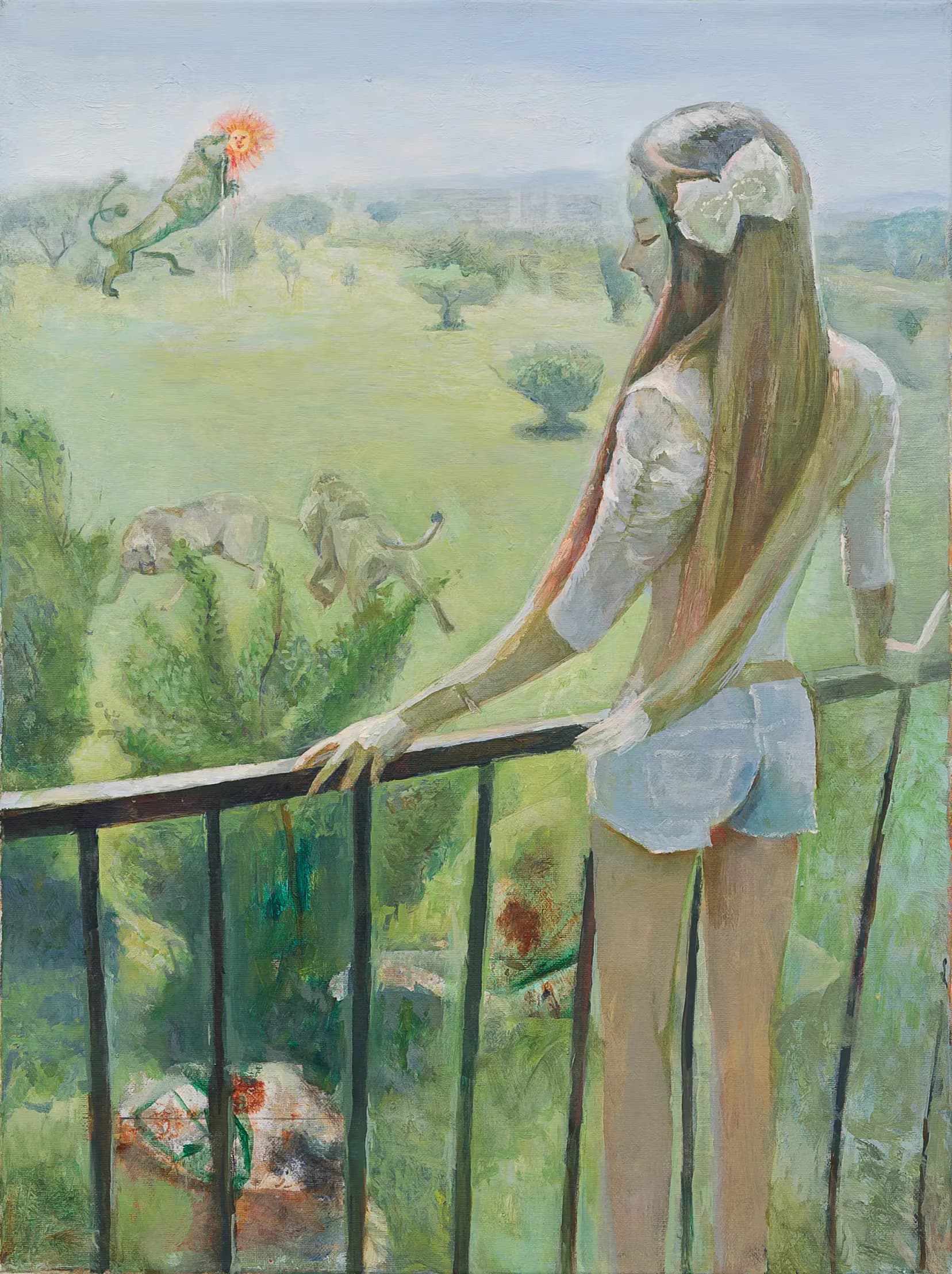 Watercolor painting of a girl with long hair and white bow leaning on a railing overlooking a pastoral landscape with fantastical floating creatures.