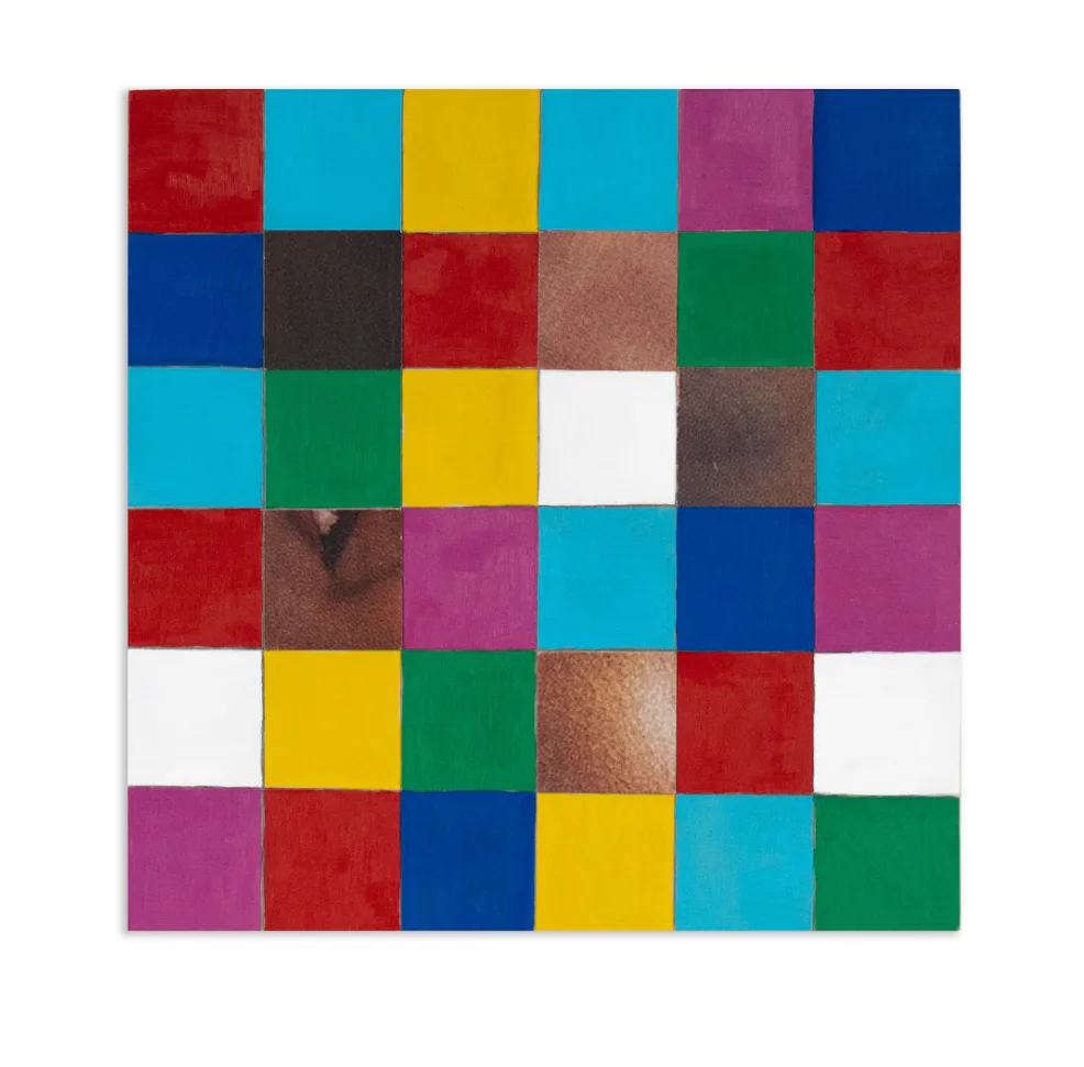 Six-by-six grid of colored squares in red, blue, yellow, green, purple, cyan, and white with textured photographic elements embedded.
