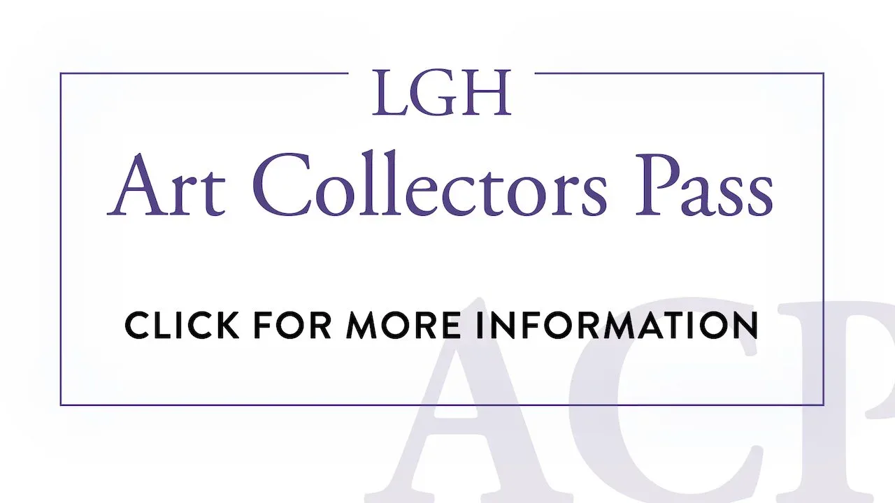 LGH Art Collectors Pass promotional card with blue serif text and clickable link button on white background.