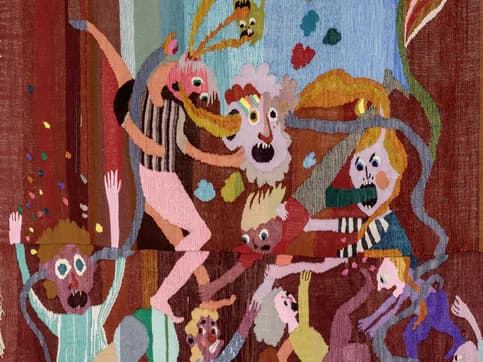 Vibrant tapestry or textile artwork with folk-art figures in pink, blue, red, and yellow tones, featuring abstracted human forms and playful composition.