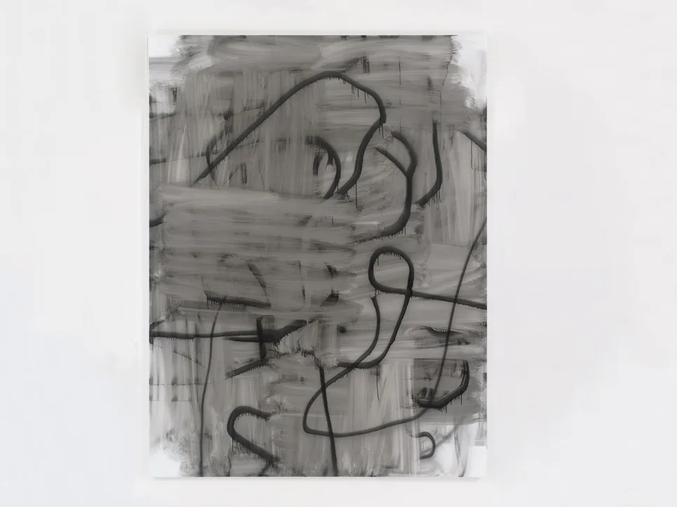 Abstract mixed-media work on white ground with gestural black line drawings and gray wash marks layered on grid-pattern underlayer.