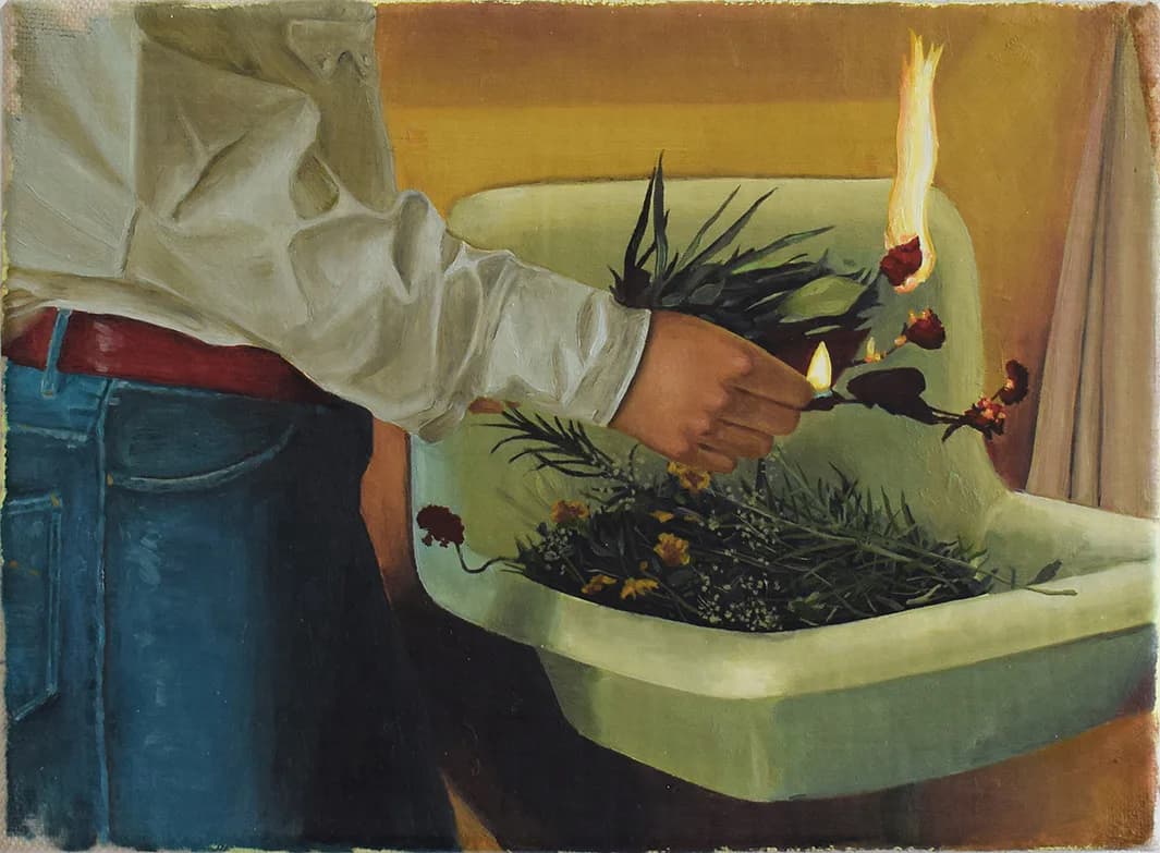 Mixed-media artwork showing a person's arm and hand arranging dark plants and botanical elements in a pale green basin or container against a warm golden background.