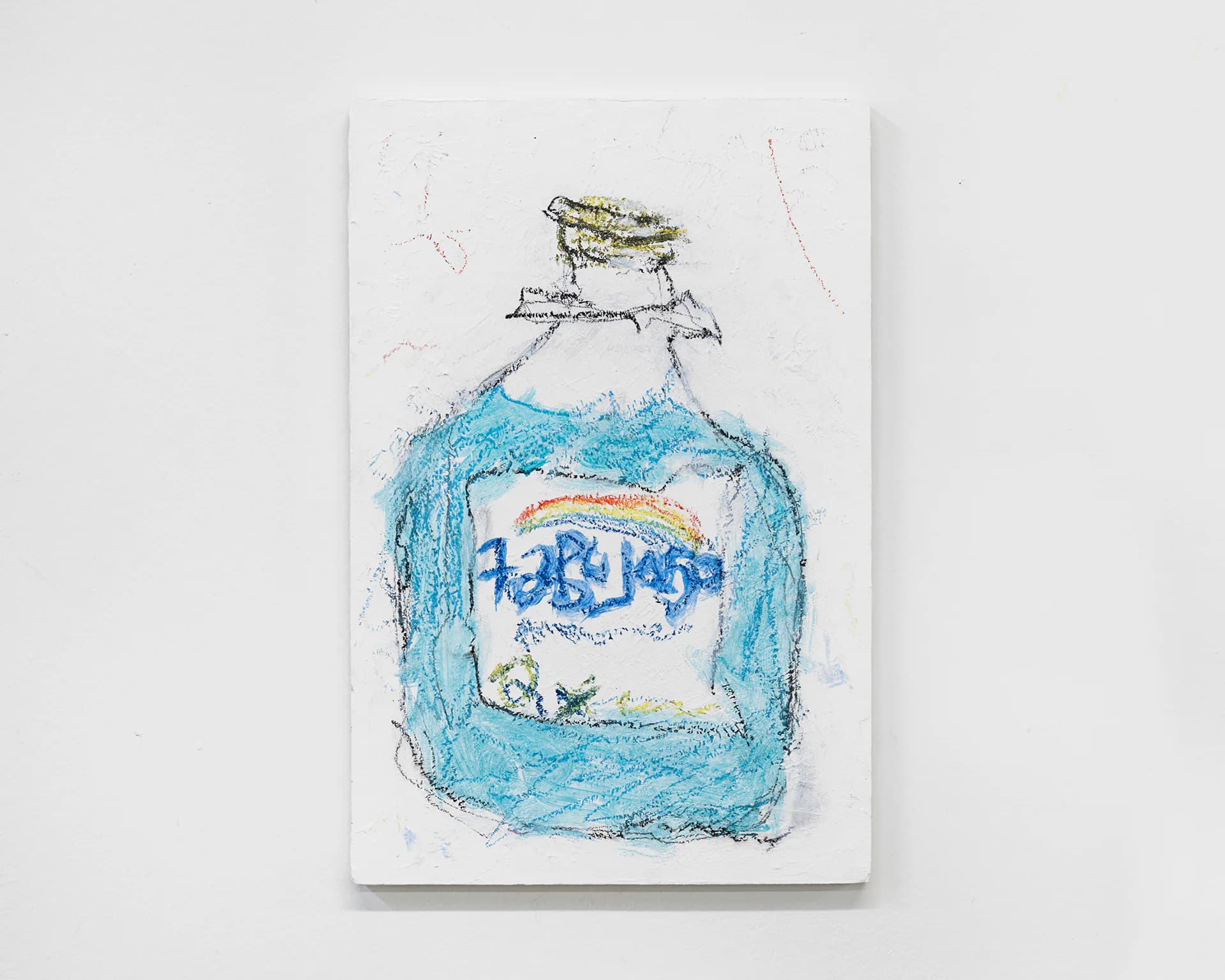 Mixed-media painting on canvas depicting a bottle with blue crayon or marker strokes, collaged elements, and sketched details on white background.