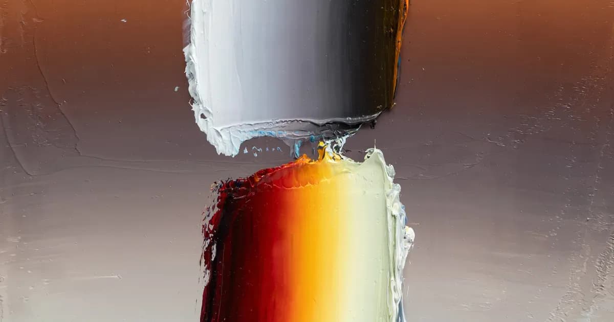 Abstract mixed-media work featuring a cylindrical white form at top with a gradient color field below transitioning through red, yellow, and cream tones.
