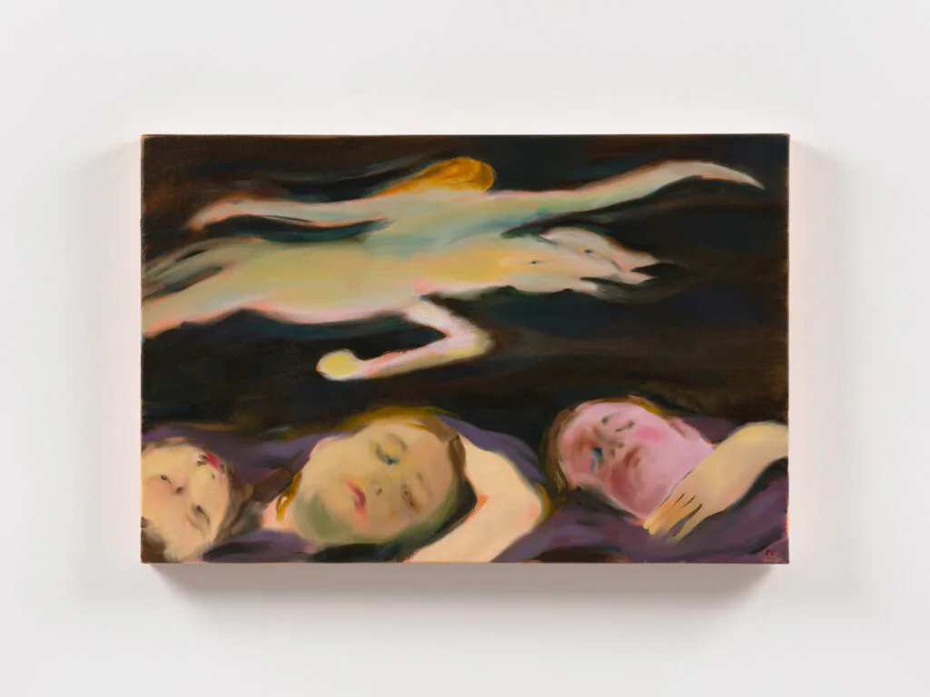 Painting on panel depicting a reclining nude figure above three sleeping faces against dark background, rendered in muted yellows, greens, and pinks.