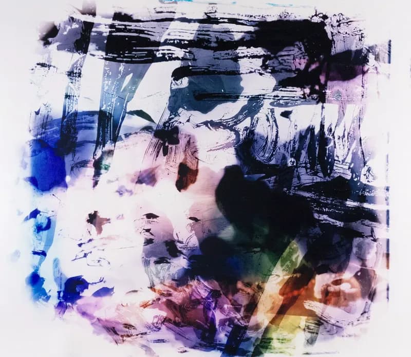 Abstract painting with layered blue, purple, black, and yellow brushstrokes creating an expressive, gestural composition.