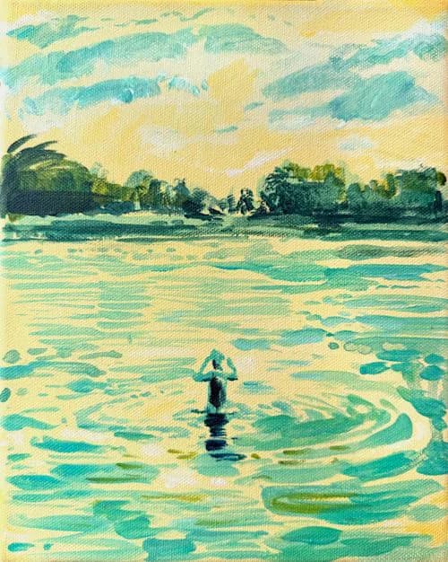 Oil painting of a figure wading in turquoise water with yellow-green foliage and trees along horizon under pale sky with clouds.