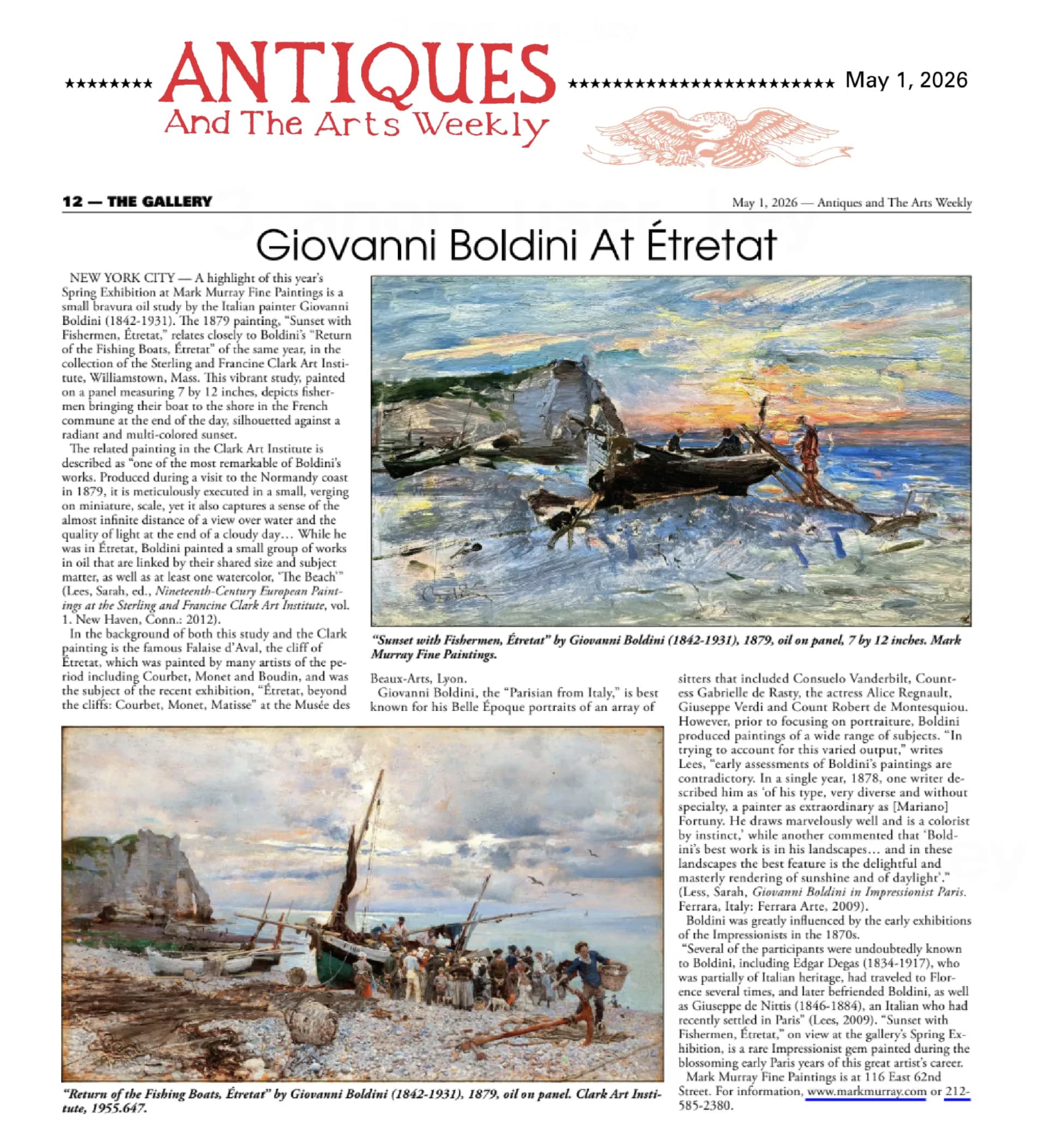Magazine article page from Antiques and The Arts Weekly dated May 1, 2026, featuring Giovanni Boldini with artwork images and text.
