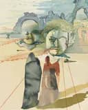 Watercolor painting of two figures in vintage dress standing near a beach scene with architectural structures and muted earth tones.