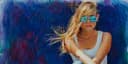 Mixed-media portrait of a blonde woman with teal-framed sunglasses against a deep blue textured background with gestural brushwork.
