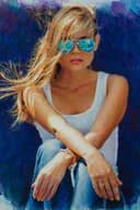 Mixed-media portrait of blonde woman wearing white tank top and turquoise sunglasses against vibrant blue gradient background.