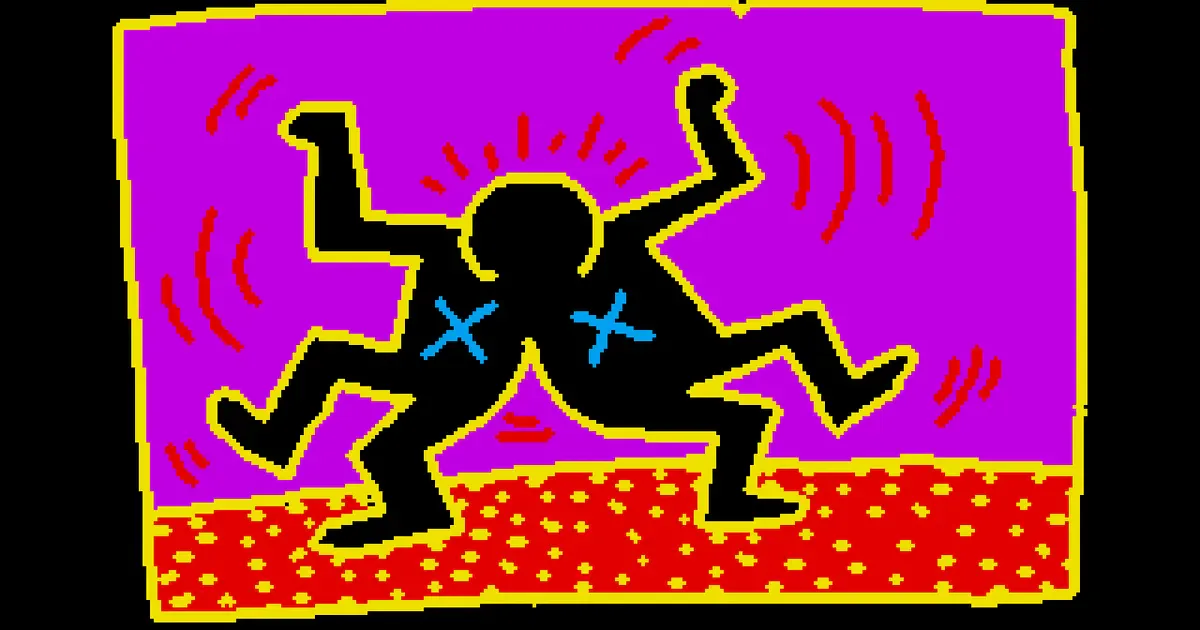 Bright neon-colored acrylic painting of a stylized dancing figure with raised arms and X eyes on magenta background with red dotted ground, in Keith Haring's characteristic expressionist style.
