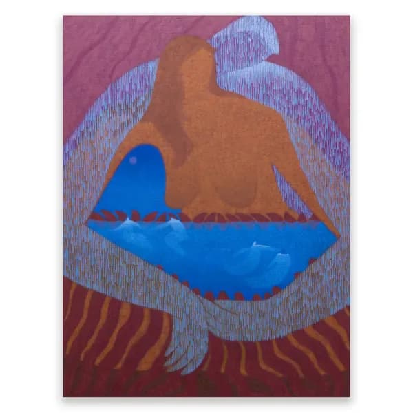 Abstract mixed-media work featuring a brown and blue geometric composition with angel-like wings and striped textural elements on burgundy background.