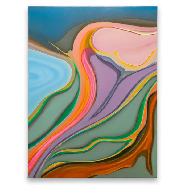 Colorful abstract painting with flowing, layered organic forms in pink, orange, purple, green, and blue with sculptural relief depth.