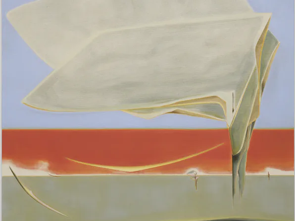 Abstract painting with cream, pale green, and red horizontal bands with organic curved forms.