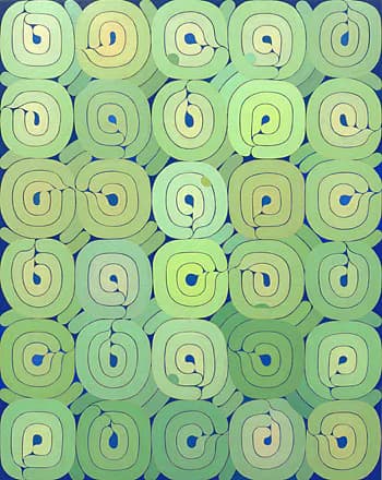 Grid of 25 green concentric circles with blue curved marks inside each, creating a repetitive abstract pattern on a dark blue background.