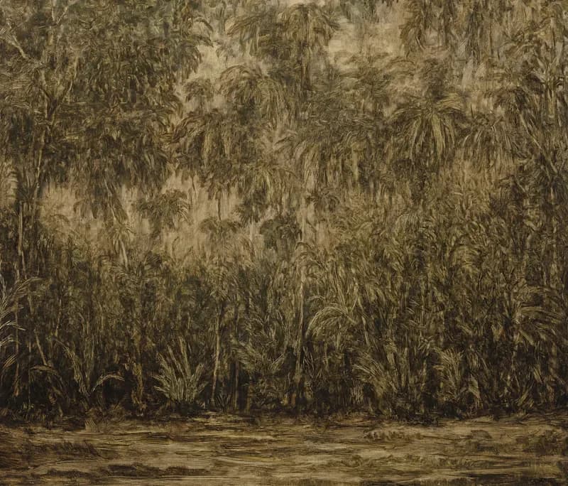 Monochromatic painting of dense palm trees and vegetation along a waterway in muted brown and tan tones.