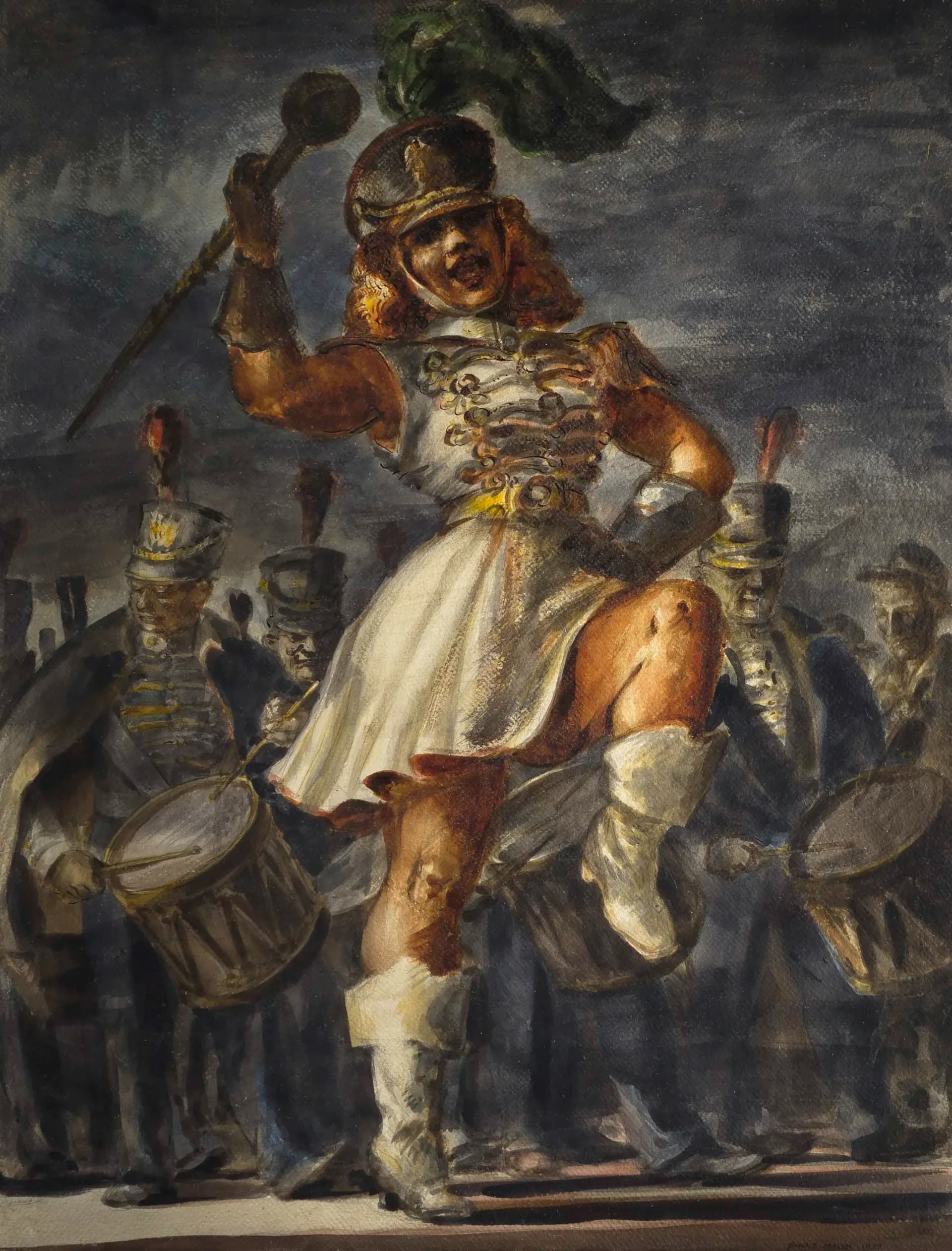 Oil painting of a figure in ornate military dress with gold armor and white skirt, holding a flag aloft, surrounded by soldiers with drums.