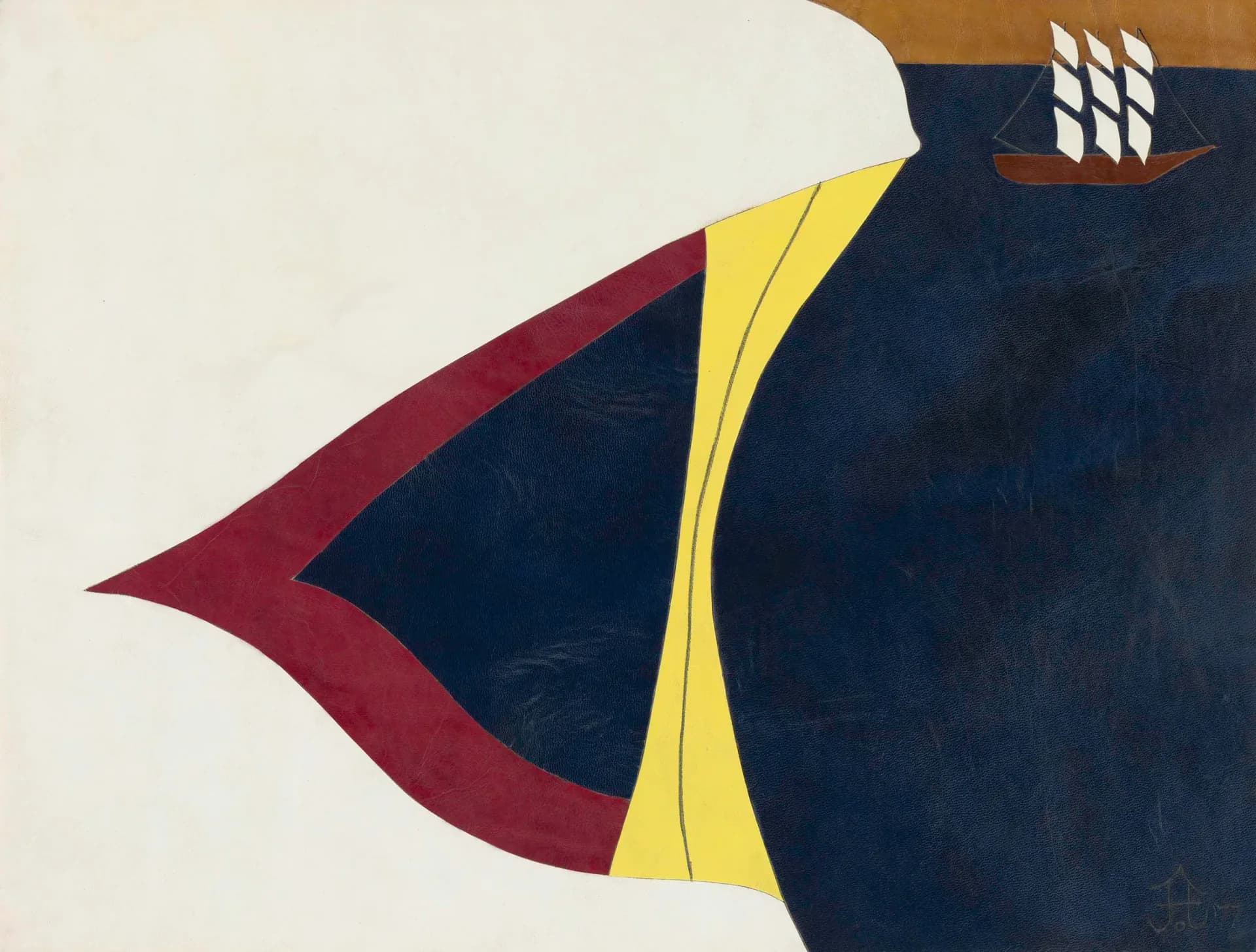 Minimalist geometric composition with dark blue, burgundy, and yellow shapes suggesting a sail or fabric form.