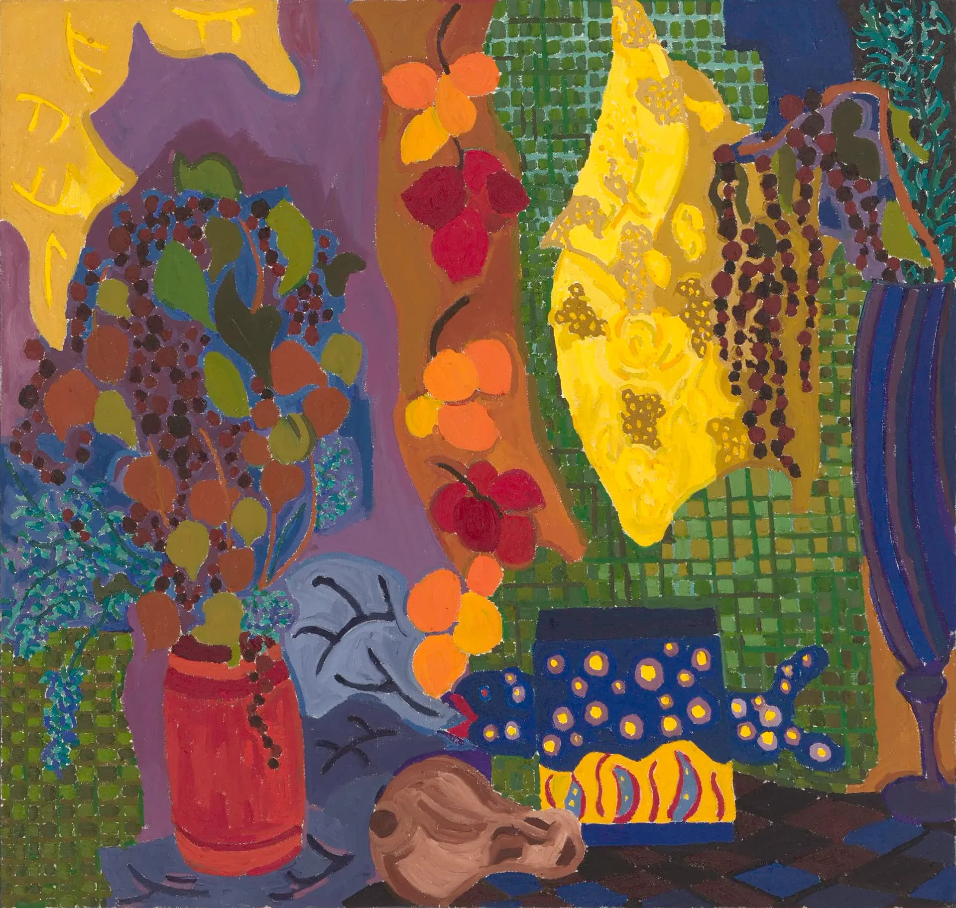 Vibrant mixed-media collage with colorful fruit, flowers, abstract forms, and patterned backgrounds in jewel tones.