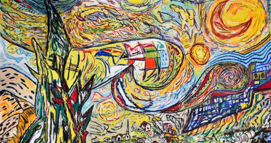 Mixed-media artwork inspired by Van Gogh's Starry Night, combining swirling brushstrokes and layered patterns in yellows, blues, and oranges with integrated text elements.