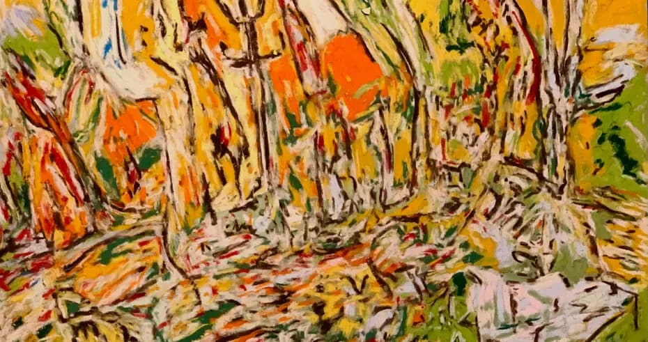Abstract expressionist mixed-media piece with gestural white and gray lines creating forest-like forms, warm orange and yellow tones throughout.
