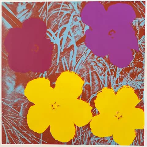 Pop art floral composition featuring two bright yellow flowers with red stamens and two magenta flower silhouettes on textured rust and cyan background.