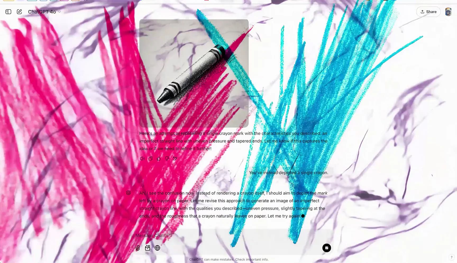 Abstract mixed-media drawing with vibrant pink, cyan, and purple marker or paint strokes overlapping on white paper, with a paintbrush visible across the composition.