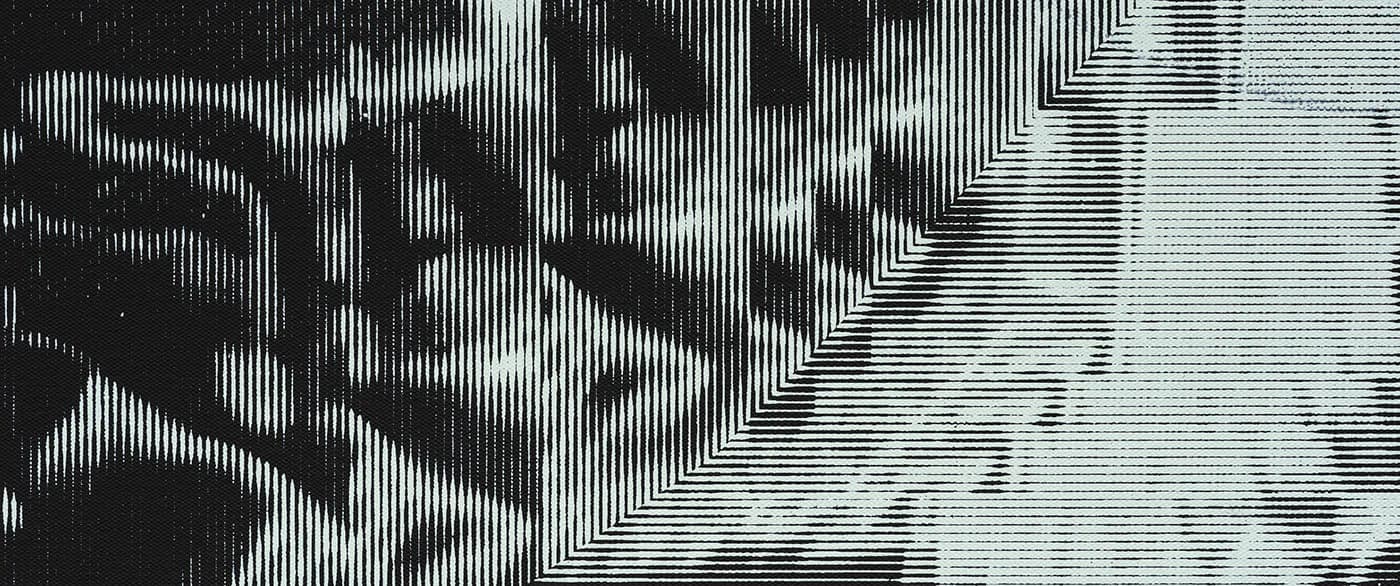 Black and white abstract composition with dense vertical line patterns transitioning from dark to light, creating a striped, screen-print aesthetic.