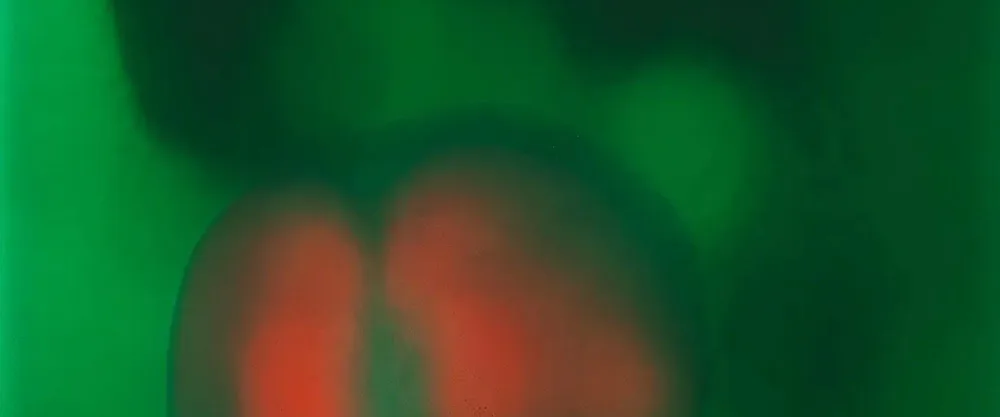 Blurred abstract image with red-orange forms centered against a deep green background, suggesting movement or thermal imaging.