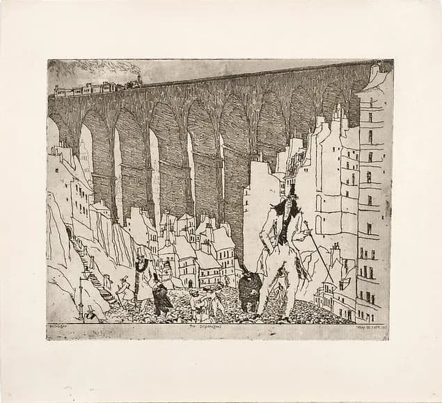 Black and white etching depicting a dramatic urban street scene with classical architecture, crowds, and strong linear perspective.