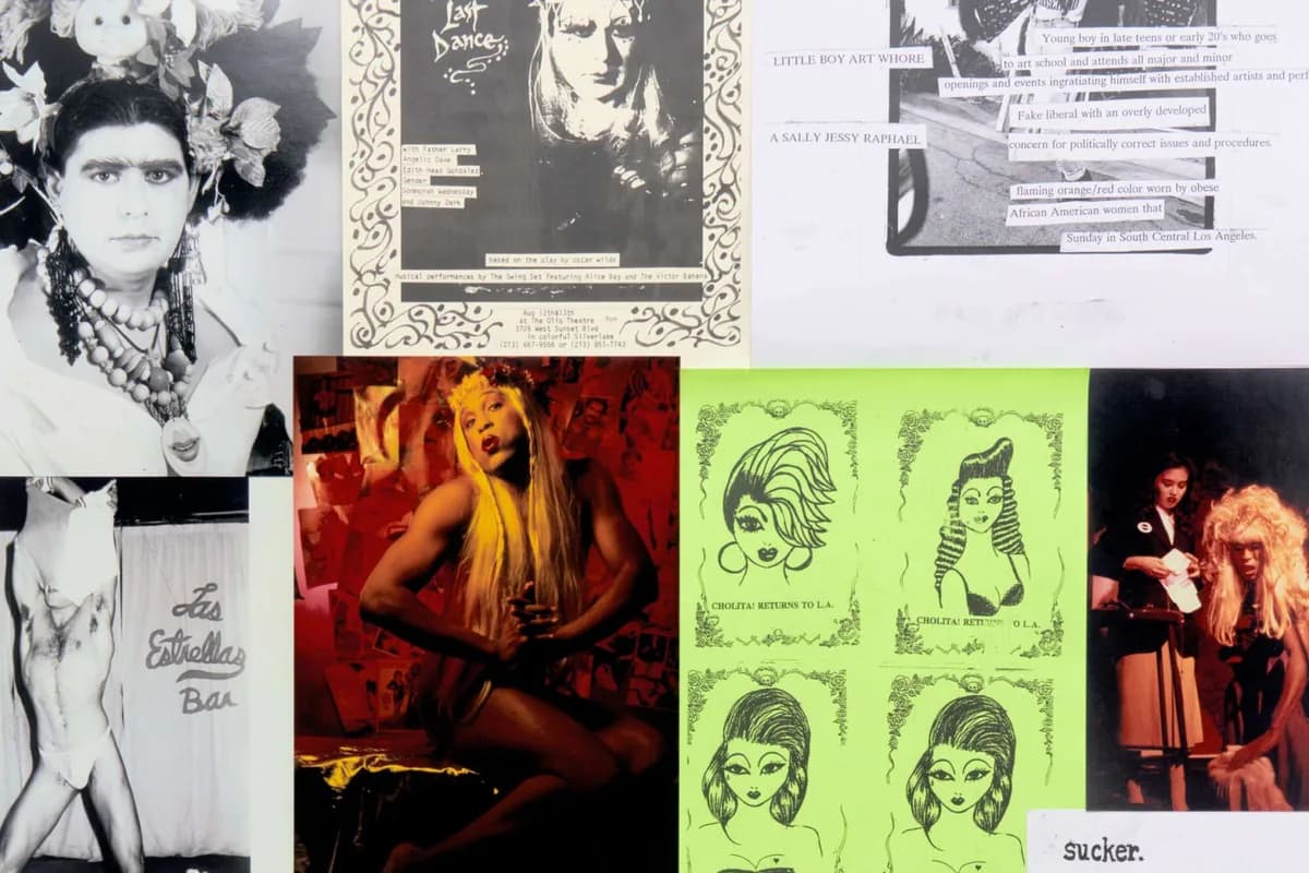 Collage of black-and-white photographs, colorful pop-art style prints, and printed materials arranged on a flat surface.