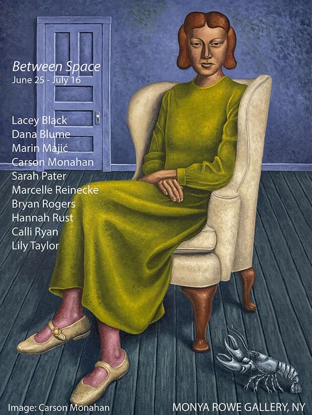 Painting of a woman in a chartreuse dress seated in a cream chair against a blue wall with a door, wearing pink socks and brown shoes, by Carson Monahan.
