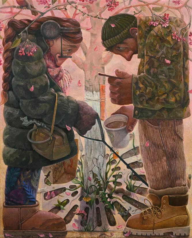 Mixed-media collage featuring two figures in dark patterned clothing tending to plants against a pink floral background, rendered in painterly style.