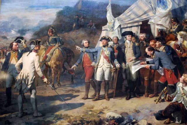 Historical oil painting depicting military encampment with soldiers in 18th-century uniforms and white tent structures.