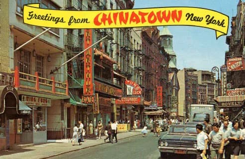 Vintage postcard-style illustration of Chinatown street scene in New York with storefronts, pedestrians, and period cars under yellow banner reading 'Greetings from Chinatown New York.'