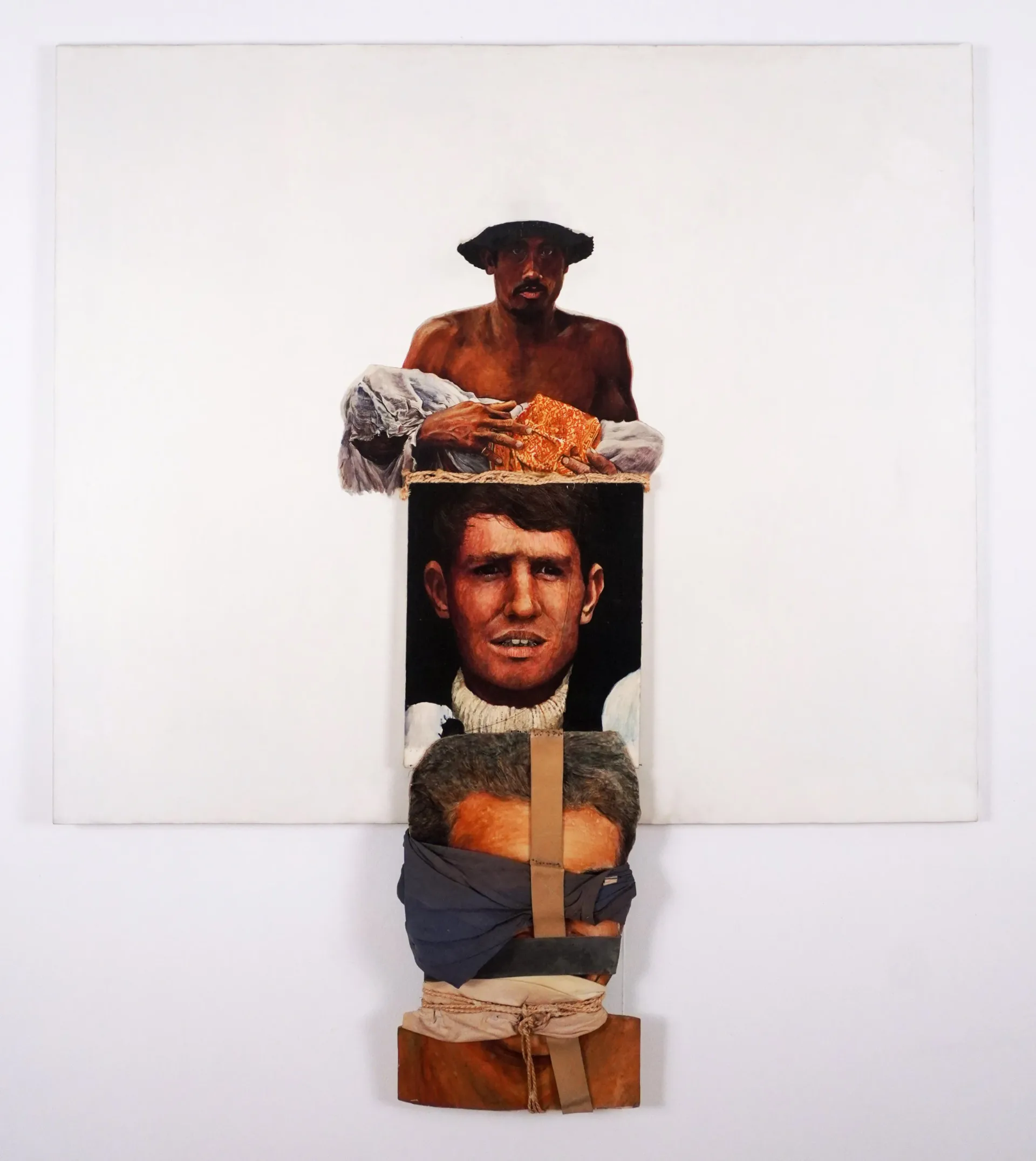 Stacked collage artwork with cut-out portrait heads and torsos of men wearing hats and casual clothing, assembled vertically with tan rope wrapping.